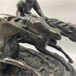 After E Loiscay, bronzed figure group, modelled as two race horses, signed E Loiscay, upon a stepped marble plinth, overall H28cm