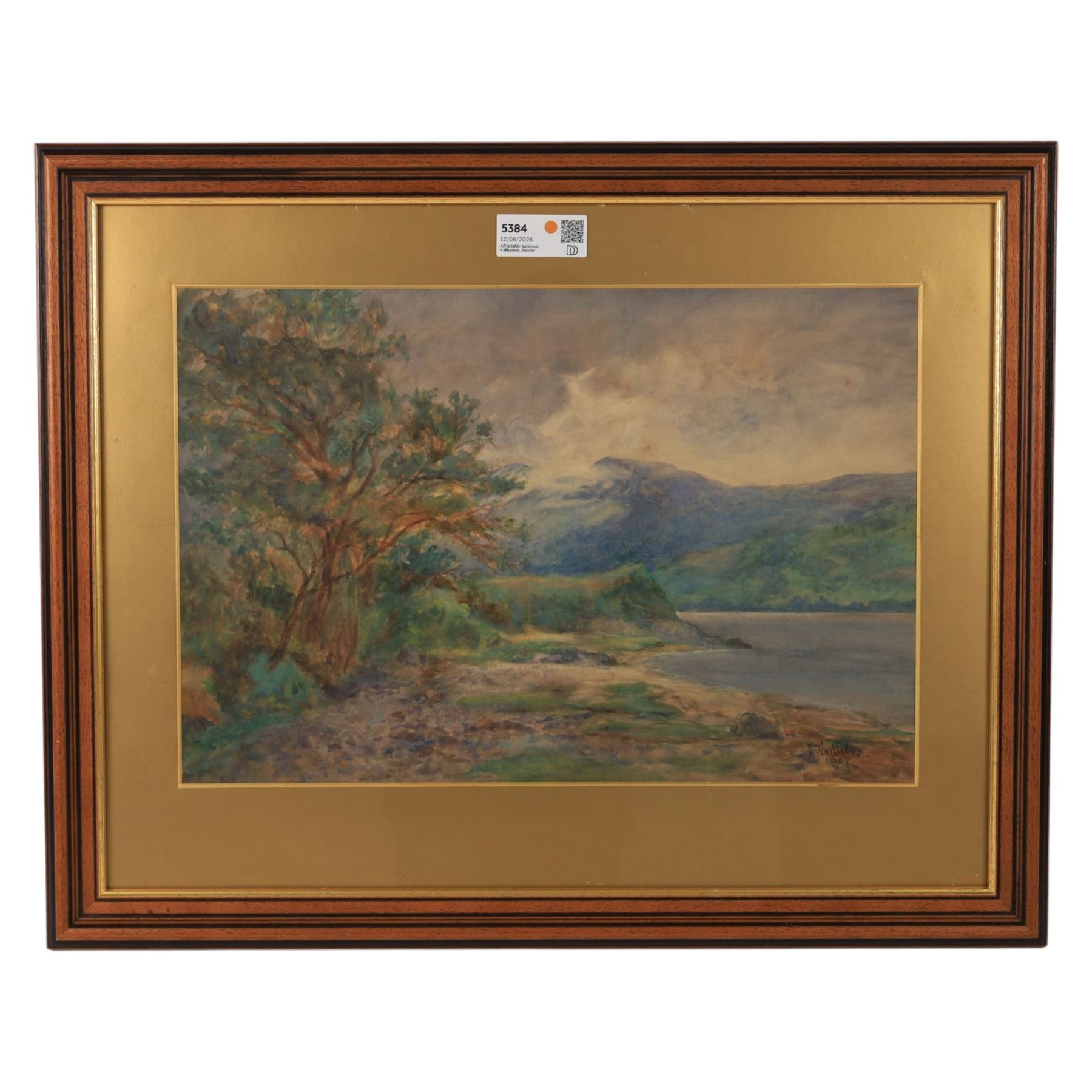 William Cartledge (British 1891-1976): Lake Landscape, watercolour signed 35cm x 52cm; After John Gould (British 1804-1881) and Henry Constantine Richter (British 1821-1902): 'Ciconia Alba' (White Stork), lithograph 51cm x 34cm (mounted) (2)