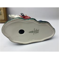 Four Royal Doulton figures, to include The Broken Lance HN 2041, The Old Balloon Seller HN 1315, The Balloon Man HN 11954 and Little Boy Blue HN 2043, together with a Coalport Ladies of Fashion figure Regina and three framed hunting silk needle works