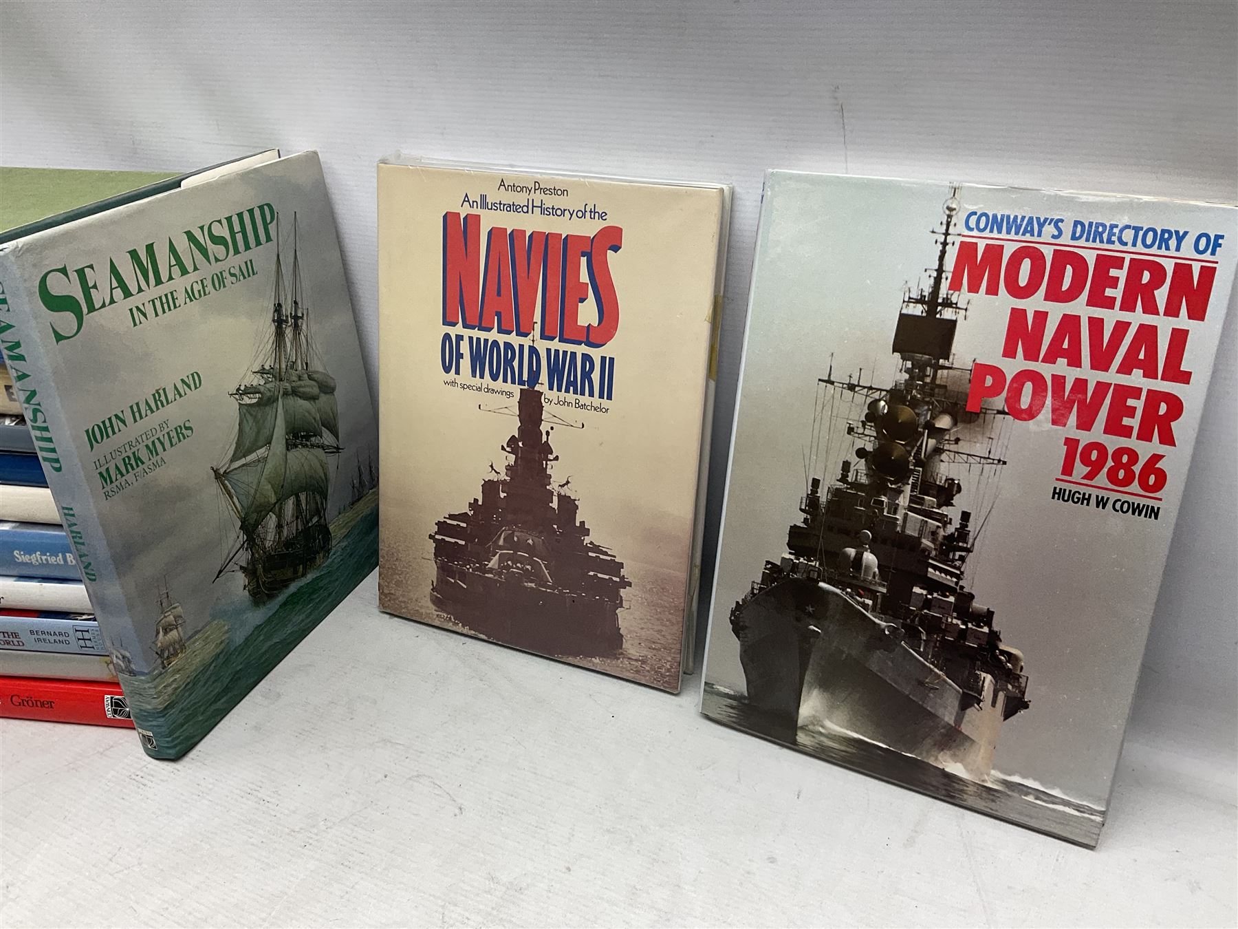 Twenty-seven books of maritime and naval interest including Archibald: The Fighting Ship in the Royal Navy; Chant: The History of the World's Warships; Groner: German Warships 1815-1945; books on seapower, destroyers, battleships, cruisers, seamanship etc