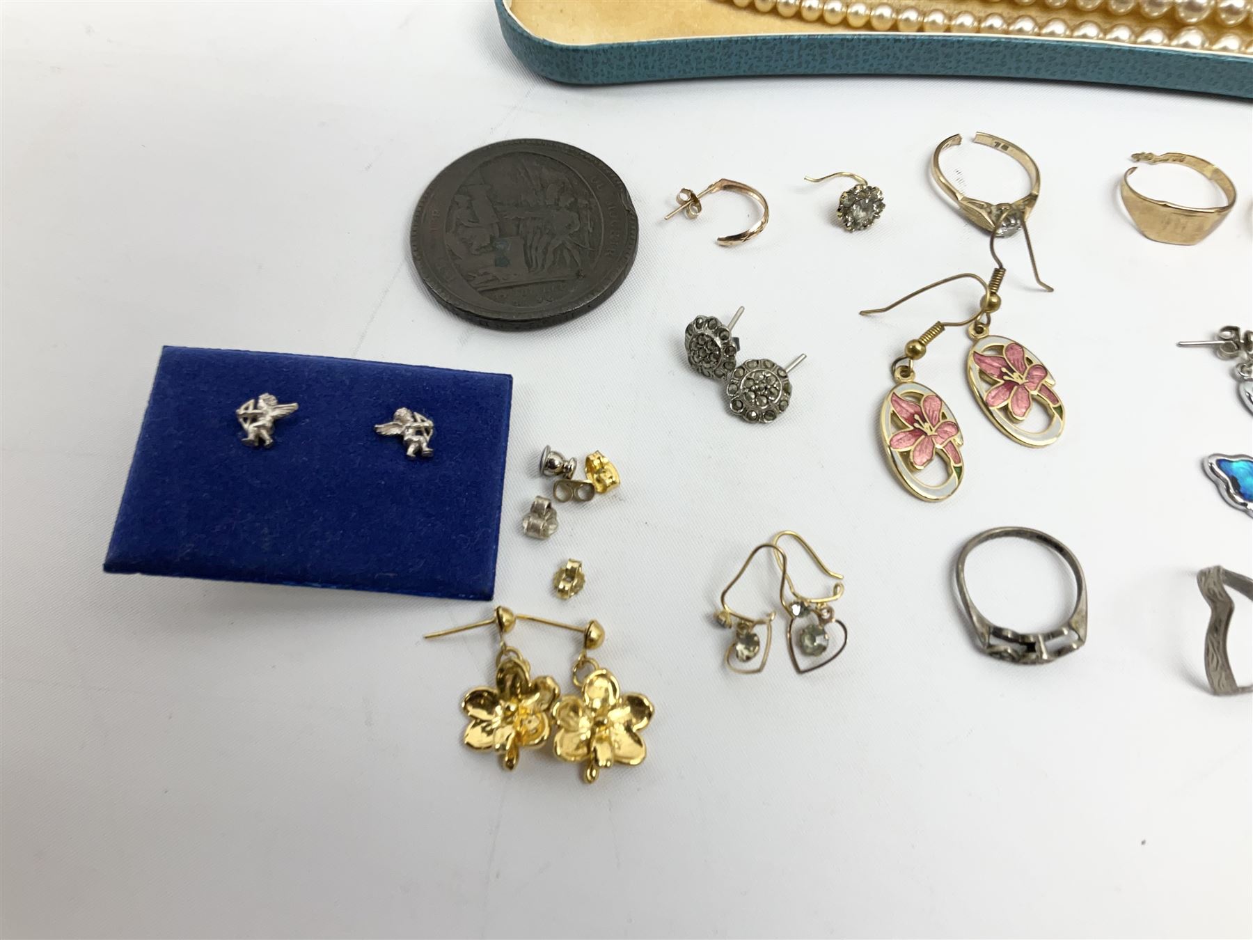 Two gold signet rings and a sapphire, opal and diamond ring, single stone diamond ring, pair of gold stone set earrings and other gold earrings, all 9ct stamped or hallmarked, silver earrings and other costume jewellery