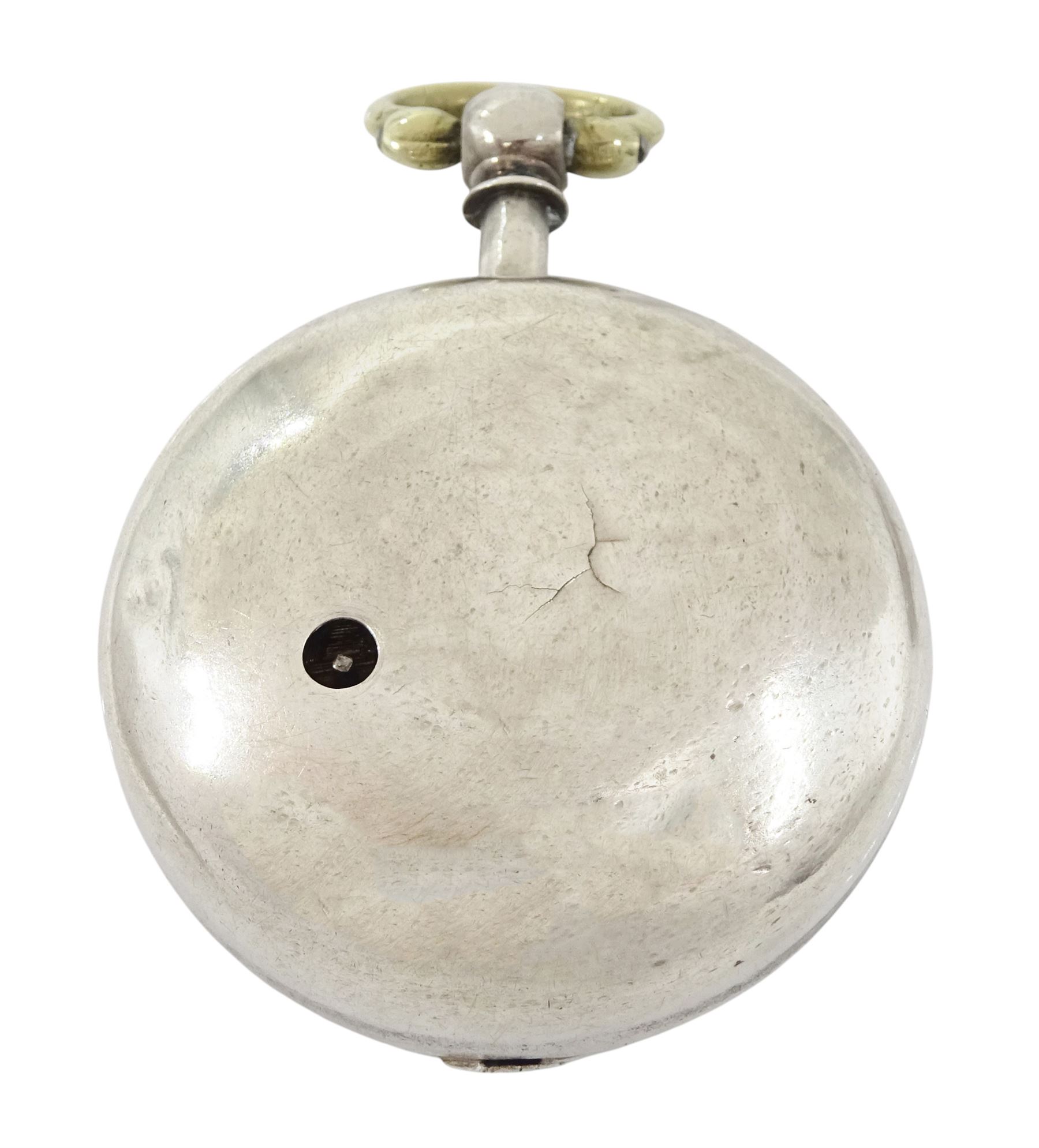 George III silver pair cased verge fusee pocket watch by Edward Davenport, London, No. 7756, white enamel dial with Roman numeral hour markers, case by Joseph Glenny, London 1806