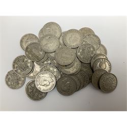Great British and World coins including approximately 60 grams of pre 1920 and approximately 50 grams of pre 1947 silver coins, various denominations of pre-decimal coinage including half crowns, commemorative crowns etc, pre-euro currency from various countries such as French Francs, small number of modern usable USA coins etc, banknotes including Bank of England ten shillings and one pound notes, pre-euro notes etc, a small hallmarked silver fob and a few commemorative medallions, in one box