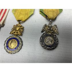 Six French medals - 2nd Empire Louis-Naploeon Medaille Militaire Valeur Et Discipline; 1870 3rd Republic Medaille Militaire Valeur Et Discipline; WW1 Croix-De-Guerre with MID star; WW2 Theatres D'Operations Exterieurs Croix-De-Guerre; WW1 Commemorative Medal; and Croix De La Valeur Militaire; all with ribbons (6)