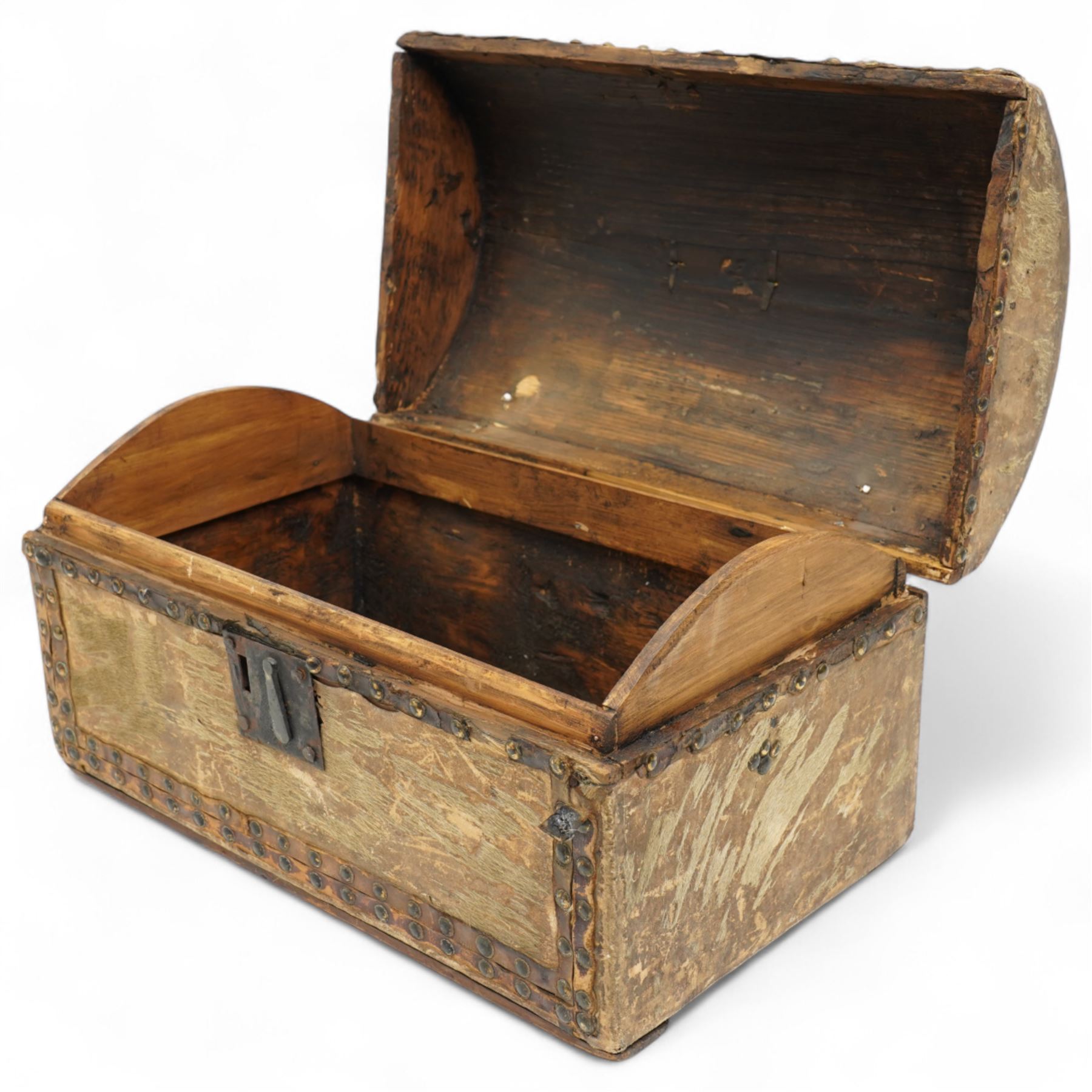 18th century and later deer hide dome-top box with studded leather decoration and single handle L41cm
