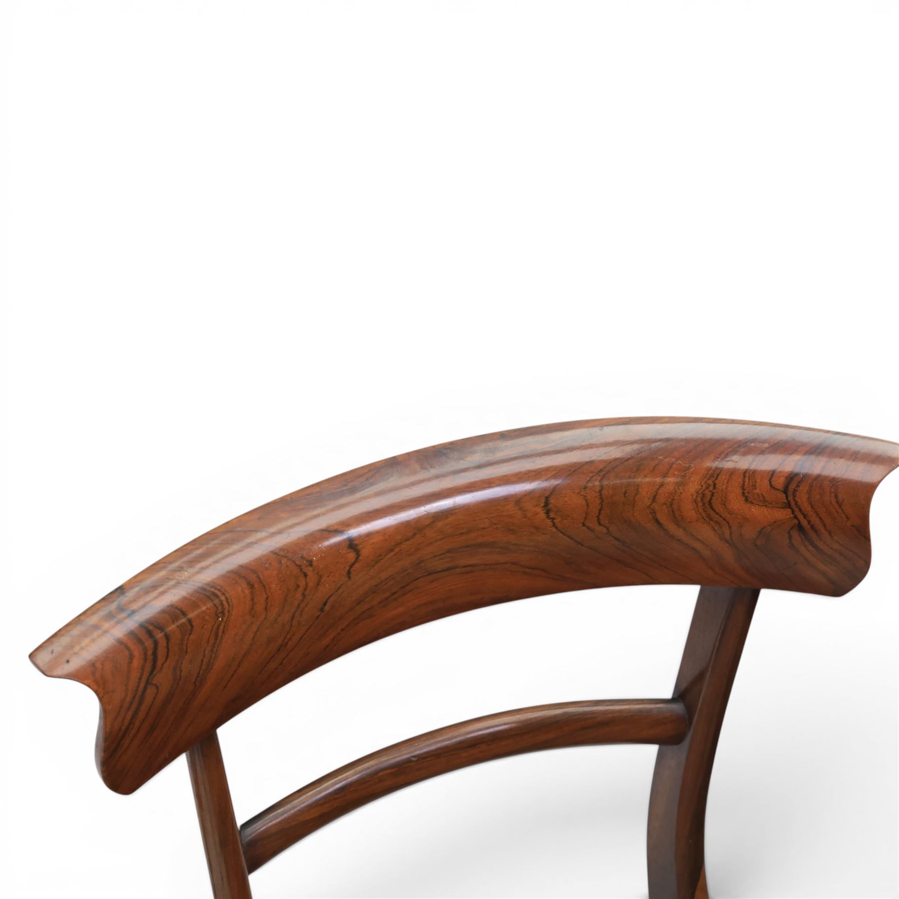 Set of eight 20th century solid rosewood dining chairs, upholstered drop in seats, on oak stretchers, made by Gott's of Pickering and T Feetam of Hull, stamped on all chairs, seat height 47cm