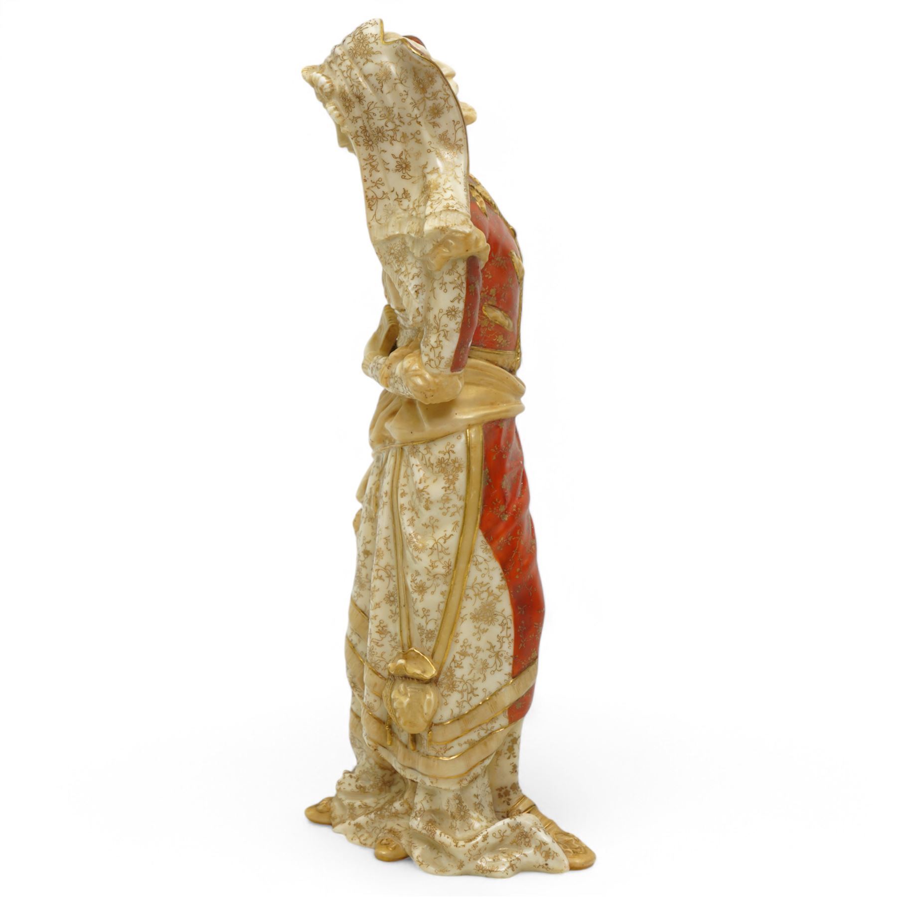 Doulton Burslem 'Mephistopheles and Marguerite' Vellum double-sided figure, the obverse formed as a smiling demon, the reverse formed as a woman with a book and flower, decorated in orange and gilt to one side and in gilt to the other, printed green mark to base, H30cm 