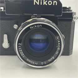 Nikon F Photomic camera body, serial no. 6543350, circa 1964, with 'Nikon NIKKOR-H Auto 1:2 f=50mm' lens, serial no. 1002112