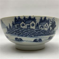 Late 18th century Chinese Export blue and white bowl painted landscape and pagoda scene, D19cm