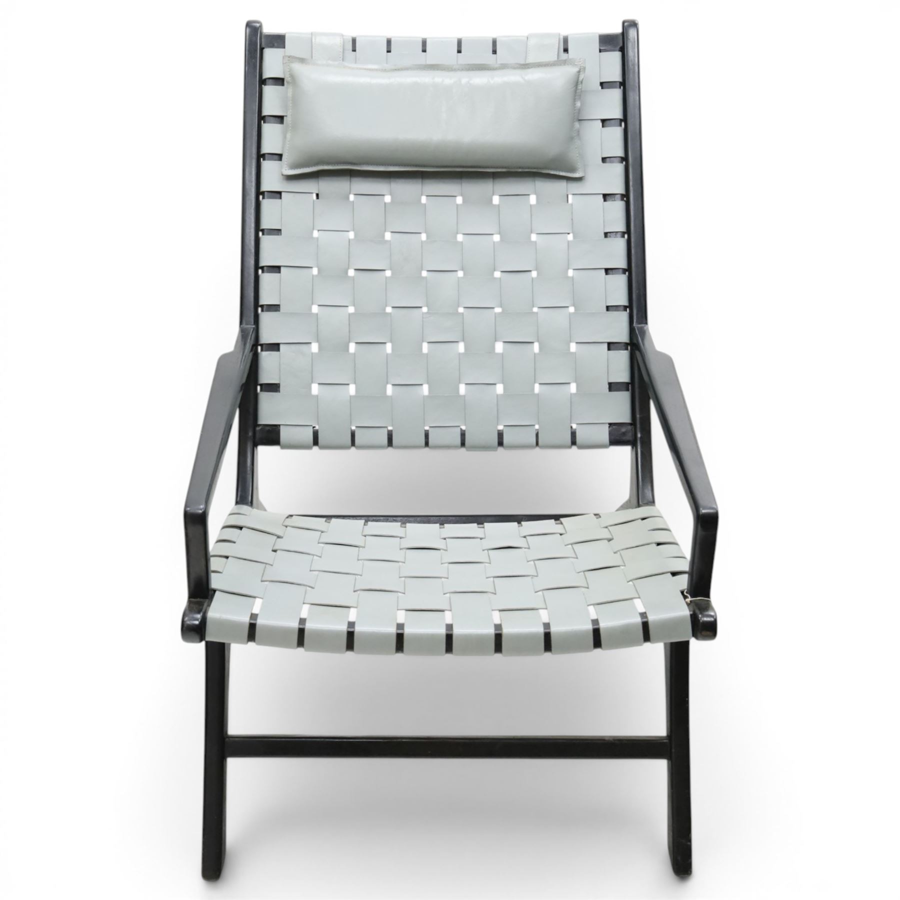 Kendari - Mid 20th century style armchair, grey woven leather seat and back, raised on an ebonised teak wood frame