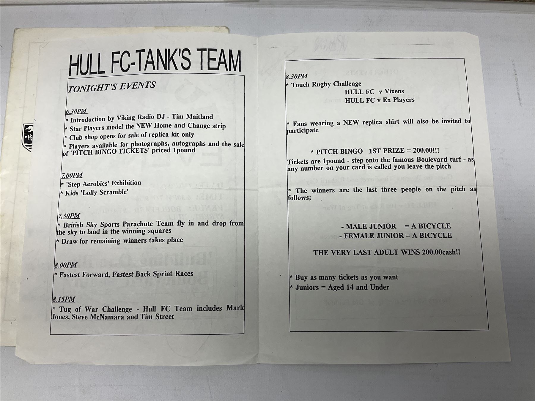 Hull F.C. memorabilia; Clive Sullivan 1986 memorial game programme, Open Evening 1994 programme with multiple player signatures, 'Old Faithful' 45rpm record, Wembley rosettes, 2000 team poster with facsimile signatures, framed print 'Farewell to the Boulevard 1895-2002', fully signed team photograph, various booklets, CD, DVD etc; and a folder containing the Merlin Rugby League card collection