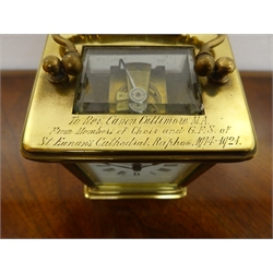 Brass carriage timepiece, column corner case with bevelled glass panels, with presentation inscription for 1921, H14.5cm  