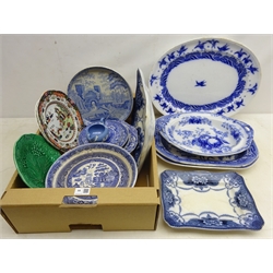  19th century Spode blue and white dish decorated in the 'Castle' pattern, other Spode, 19th century Masons plate, 19th century blue and white meat plates and other similar ceramics in one box  