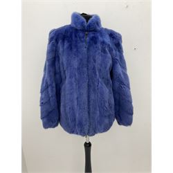 Modern cut lightweight skins lavender blue mink jacket, approx size 10 to 14, with elasticated cuffs, stand up small collar, black satin style lining, zip fastener, perfect condition as new, top class mink.

