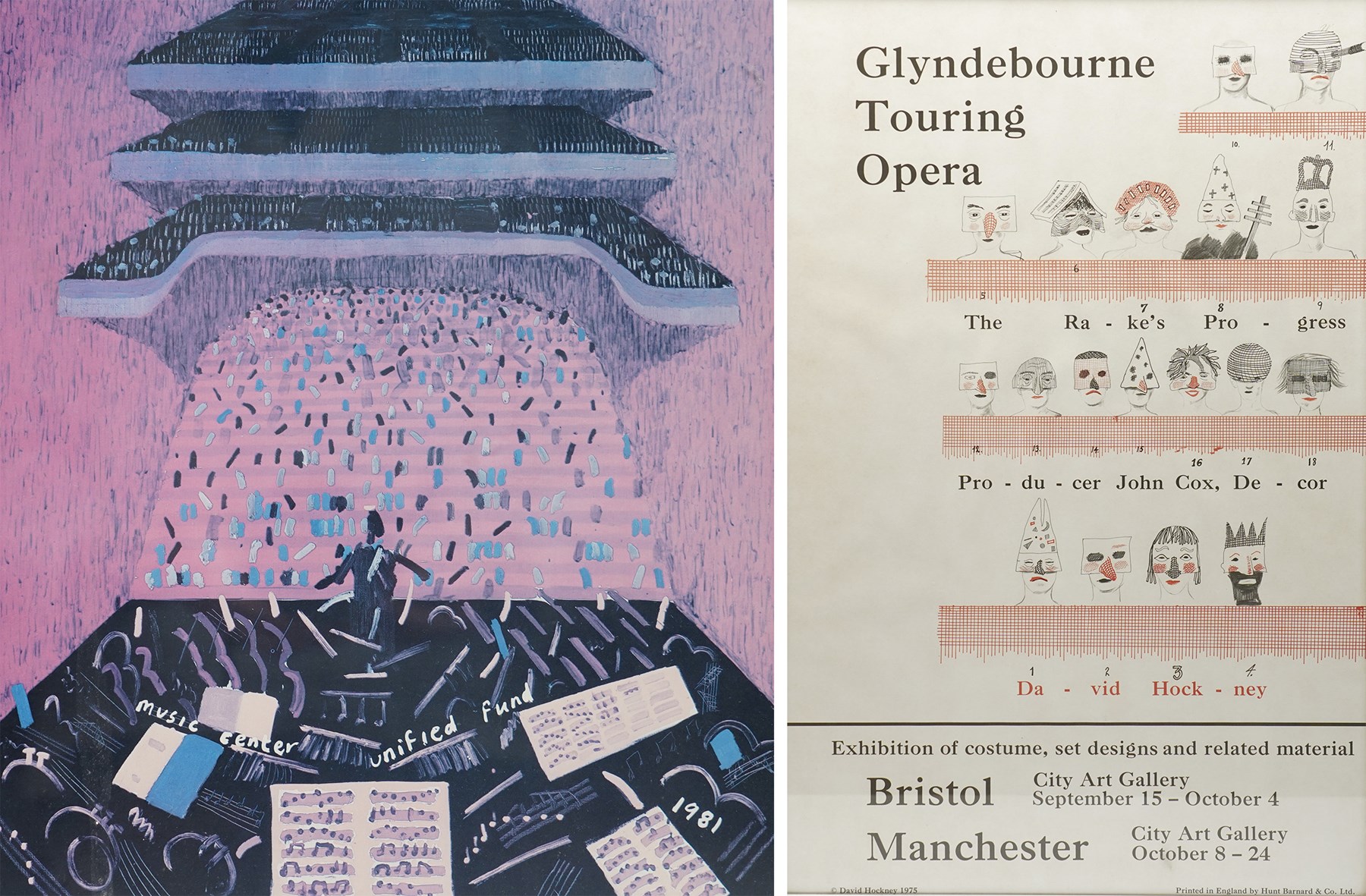After David Hockney (British 1937-2026): 'Glyndebourne Touring Opera - Exhibition of Costume, Set Designs and Related Material' poster, coloured print 62cm x 40.5cm; After David Hockney (British 1937-2026): 'Music Center Unified Fund - Los Angeles Philharmonic' poster, coloured print 28.5cm x 23.5cm (2)