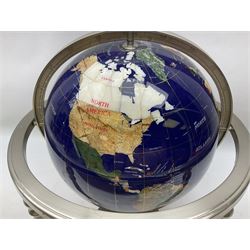 Modern hardstone inlaid terrestrial table globe in brushed steel stand, overall approximately H44cm