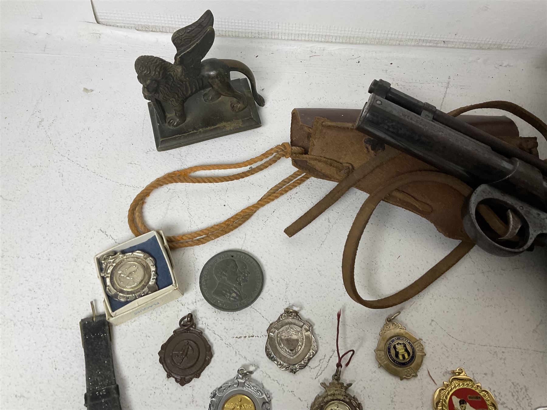 Webley junior air pistol, Kodak camera, collection of fob medals, lighters, etc