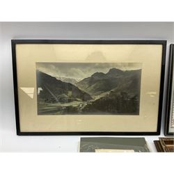 Framed photograph of Langdale Valley by G.P.Abraham, together with framed embroidered silk, a framed map, two framed portraits and six prints of city and country scapes, largest H32cm, L43.5cm 