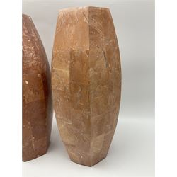 Pair of pink fossilised coral mosaic vases, of hexagonal form, H46cm