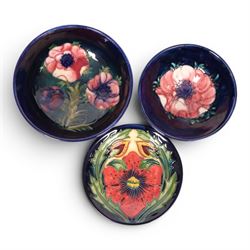 Two Moorcroft Amemnoe pattern bowls, together with a Anna Lily pattern dish, largest bowl D13cm
