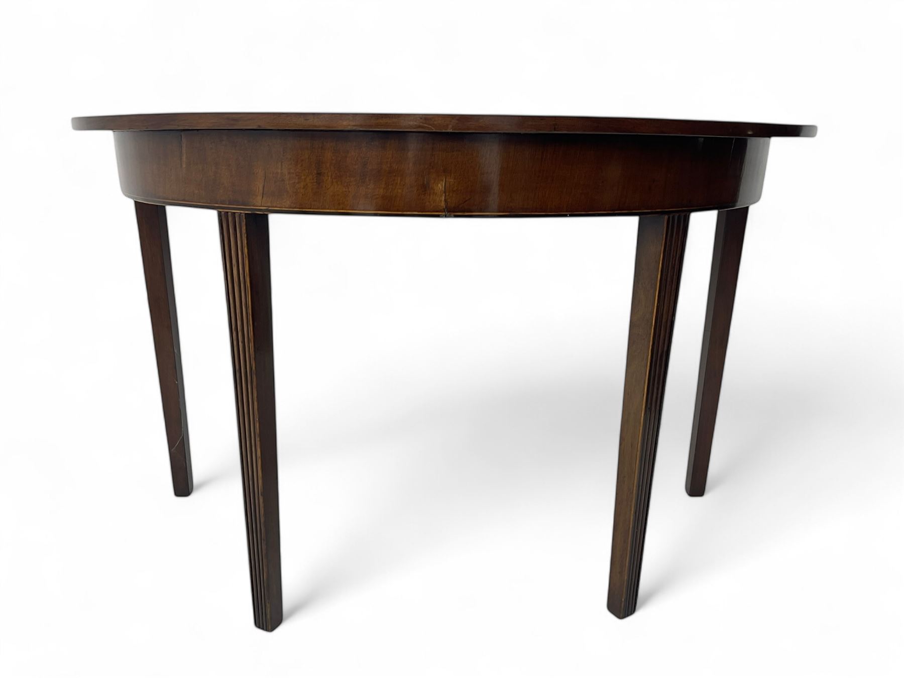 19th century mahogany demi-lune side table, semi-circular top with boxwood string inlay, raised on tapered and fluted supports