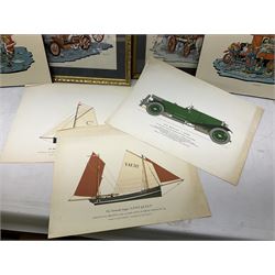 Set of four framed coloured prints humorous fire brigade related, after Chris Reynolds, together with Brooke bond picture cards, to include Asian wild life, the race into space, travel through the ages etc