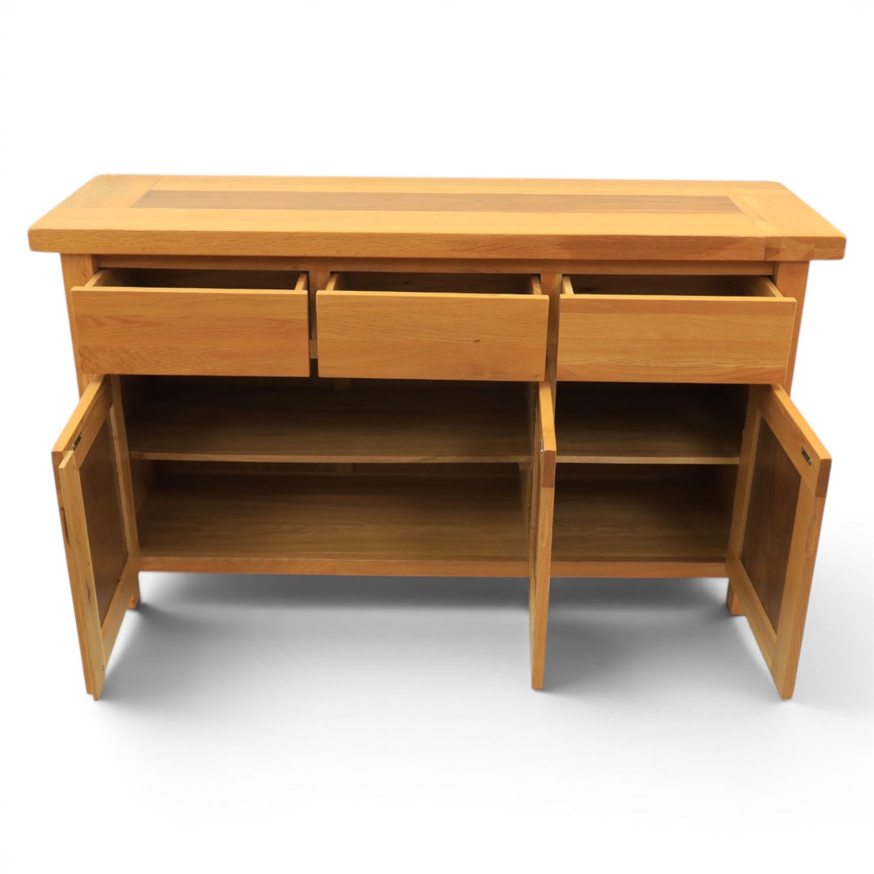 Contemporary oak sideboard, fitted with three drawers and three cupboards