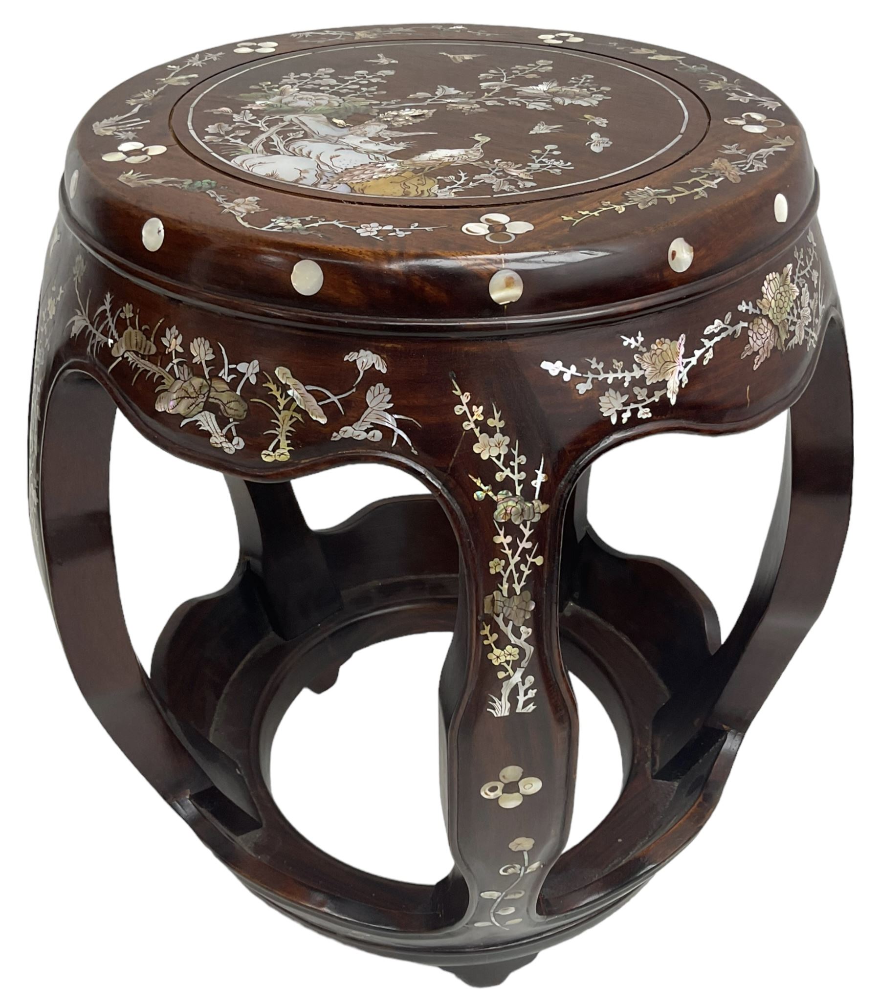Chinese hardwood stand, inlaid with mother of pearl depicting birds, trees and flowers