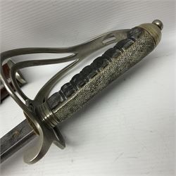 WWI 1821 pattern Royal Artillery officer's sword, the 82.5cm decorative blade by Hawksworth Sheffield etched with GVR cypher and crown, 'Royal Artillery' and field gun between scrolling foliate panels; three-bar hilt with wire-bound fish skin grip and chequered backstrap; in leather covered scabbard L99cm overall