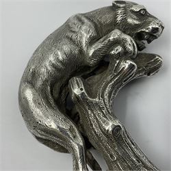 Victorian silver walking cane handle, modelled as a panther upon a tree branch, hallmarked London 1851, maker's mark worn and indistict