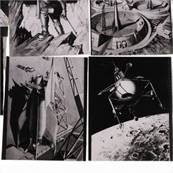 Fourteen black and white photographs of artwork by Ralph Andrew Smith, including images used in 'The Exploration of Space', a sketch of auto probe rocket for planetary survey and Inside Lunar City, etc, two with annotations written by Arthur C Clarke verso, H20, W25cm

Notes: This item is from the private collection of Arthur C. Clarke's brother.