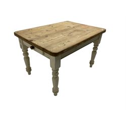 Traditional pine kitchen table with white painted base, rectangular top over single drawer, raised on turned supports