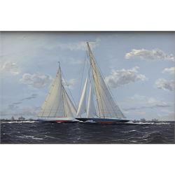 James Miller (British 1962-): Big Class Yachts - 'Rainbow and Endeavour' - America's Cup 1934, oil on canvas signed, titled verso 27cm x 42cm