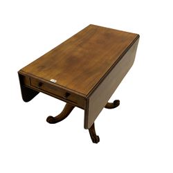 19th century mahogany Pembroke table, the rectangular moulded drop leaf top over single end drawer, turned and carved pedestal on four shaped and splayed supports with scroll carved terminals 