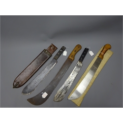  Two WW2 period machete Knives, one marked 1945 in leather scabbard, a steamer machete by Robert Mole & Sons and another machete by Martindale with copper wire bound wooden grip, in canvas case (4)  