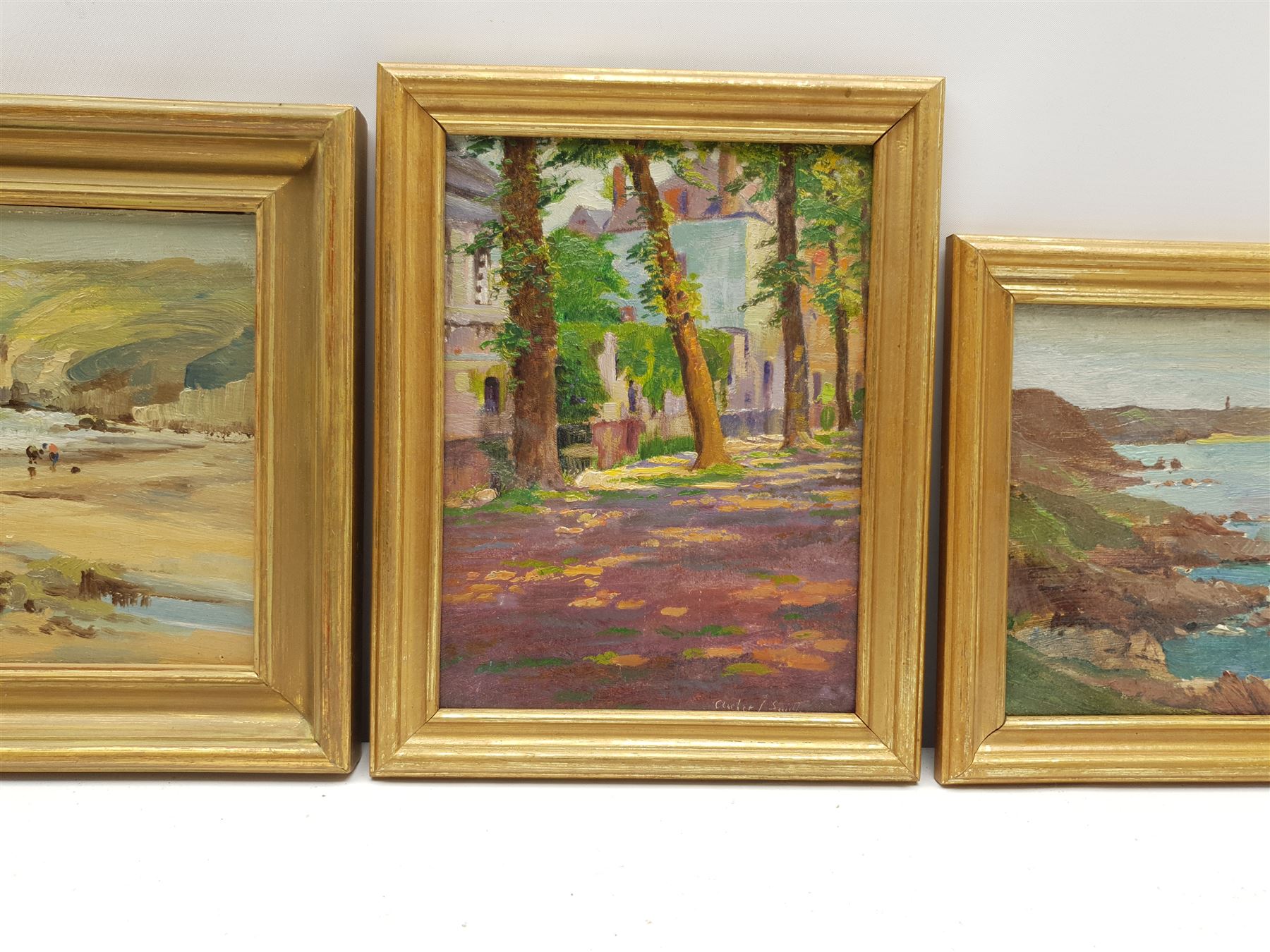 Harry Edmunds Crute (British 1888-1975): Cornish Beach Scene, oil on board signed 15cm x 19cm, together with two similar oils one signed Smith, inscribed verso 14cm x 19cm (3)