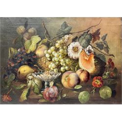 B Hall (British 19th century): Still Life of Fruit and Flowers, oil on canvas signed and dated 1873, 40cm x 56cm (unframed)