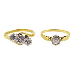Gold three stone illusion set diamond chip ring and a single stone diamond ring, both 18ct