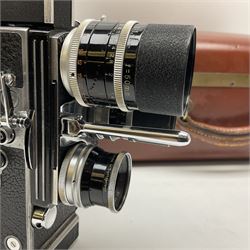 Paillard Bolex H16 RX5 cine camera body with turret for interchangeable lenses, serial no. 232492, with 'Switar H16RX 50mm f1.4' lens, serial no. 667880, 'Switar H16RX 25mm f1.4' lens, serial no.675510, 'Switar H16RX 16mm f1.8' lens, serial no. 884046 and RX fader, in fitted leather carrying case