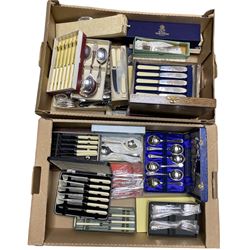 Collection of silver plated cutlery, including fruit serving sets, fish knives and forks, ivorine handled knives, etc, mostly boxed