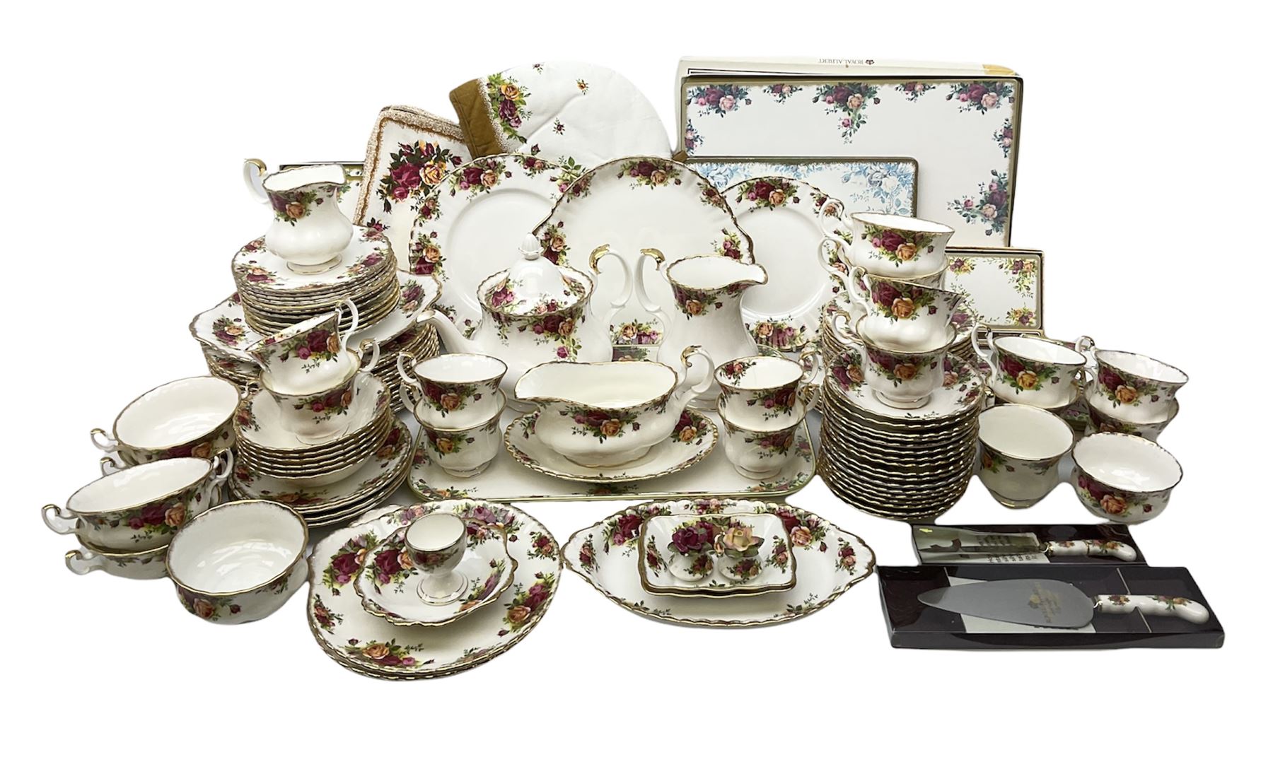 Royal Albert Old Country Roses pattern tea and part dinner service, to include teapot, two open sucriers, two jugs, thirteen cups and saucers, sixteen dessert plates, two cake plates, twelve dinner plates, sauce boat and saucer, etc (approx 114) 