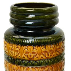 Large West German square section mid-century vase decorated in cream with roundels H49cm and two cylindrical West German vases (3)