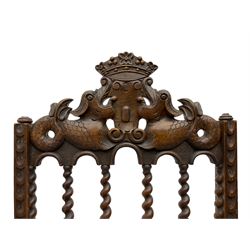 19th century carved mahogany folding chair, cresting rail carved with two stylised fish flanking a crown, spiral turned spindle supports over tapestry seat (W37cm H89); and another folding chair (W46cm H100cm)