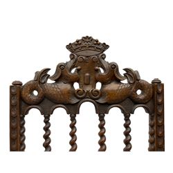 19th century carved mahogany folding chair, cresting rail carved with two stylised fish flanking a crown, spiral turned spindle supports over tapestry seat (W37cm H89); and another folding chair (W46cm H100cm)