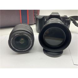 Cameras and accessories, to include Olympus OM101 Power Focus camera body, serial no 1076067, with 'Sigma AF Zoom 1:38, f=75 200mm' lens, serial no 2053714, Canon EOS 5000 camera body, serial no 1507812, with 'Canon Zoom EF 80-200mm, 1:4.5-5.6' lens, other cameras, by Miranda, Coronet and Ricoh and a collection of lenses, carry cases, etc 