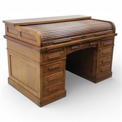 Globe Wernicke - Oak roll top desk, fitted with nine drawers, oak tambour roll top reveali...
