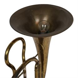 Boosey & Co Ltd French horn, converted into a table lamp, upon a wooden plinth, H45cm