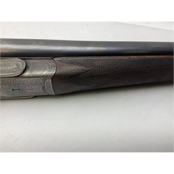 Smith Midgley Bradford 12-bore side-by-side double barrel side-lock ejector shotgun with 71cm barrels, engraved action with patented top lever, ivy leaf fences and top safety, walnut stock with chequered grip and fore-end, serial no.62409 to barrels and 1481 to action, L115cm overall SHOTGUN CERTIFICATE REQUIRED