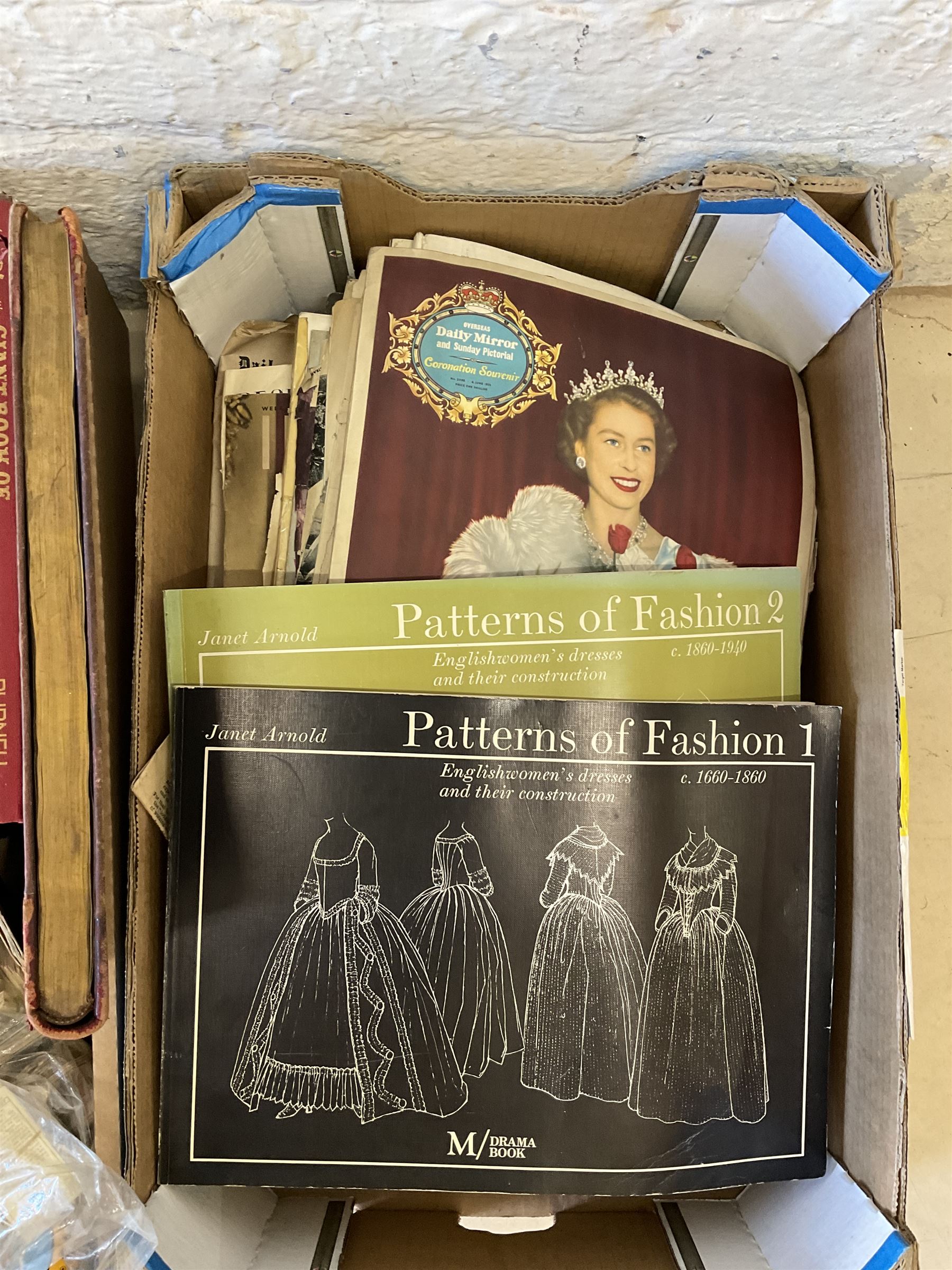 Assorted books, to include Janet Arnold Patterns of Fashion 1 and 2, a quantity of Royal Family related books and magazines, and a small number of children's books, etc., plus a quantity of cigarette cards, including examples by Wills, and Players.
