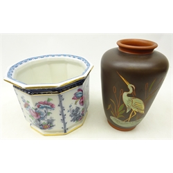  Losolware Jardiniere printed with roses and other floral sprays, D23cm and a mid 20th century German Eiwa vase decorated with a Heron (2)  